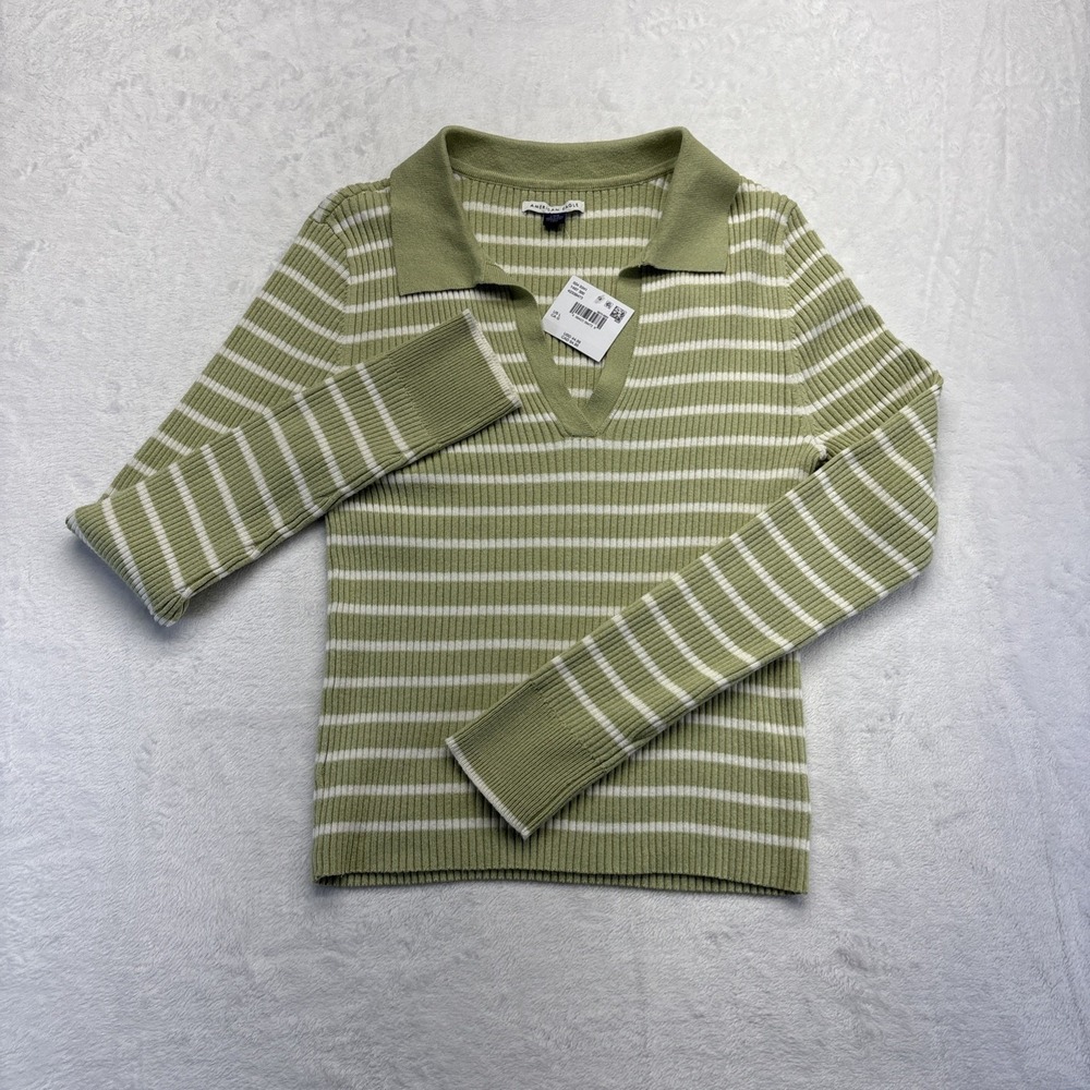 American Eagle Sweater Women's Large Green Stripes V-Neck with Collar NWT